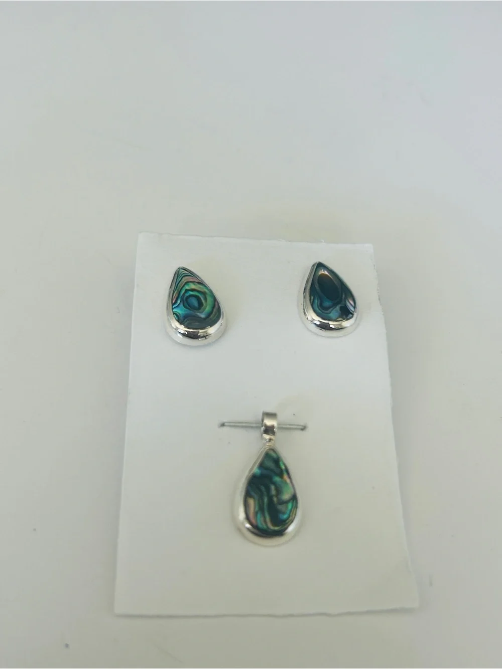 Taxco Mexigo 925 Sterling Silver Abalone Shell Teardrop Earrings & Pendant Set